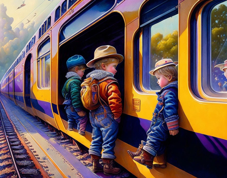 Three boys with hats and backpacks explore colorful train windows.