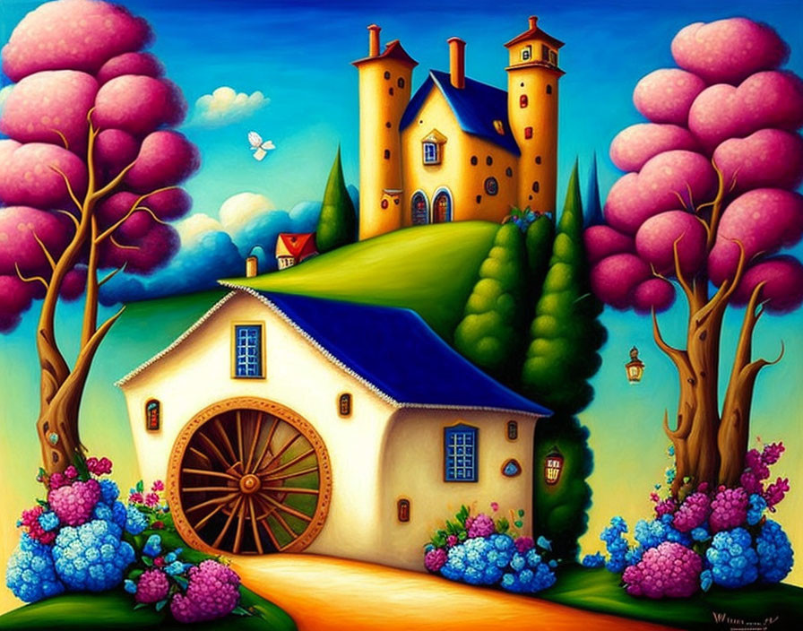 Colorful landscape with watermill, castle, flora, sky, and butterfly.