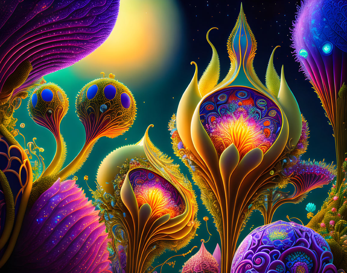 Colorful psychedelic illustration of intricate flora on cosmic background