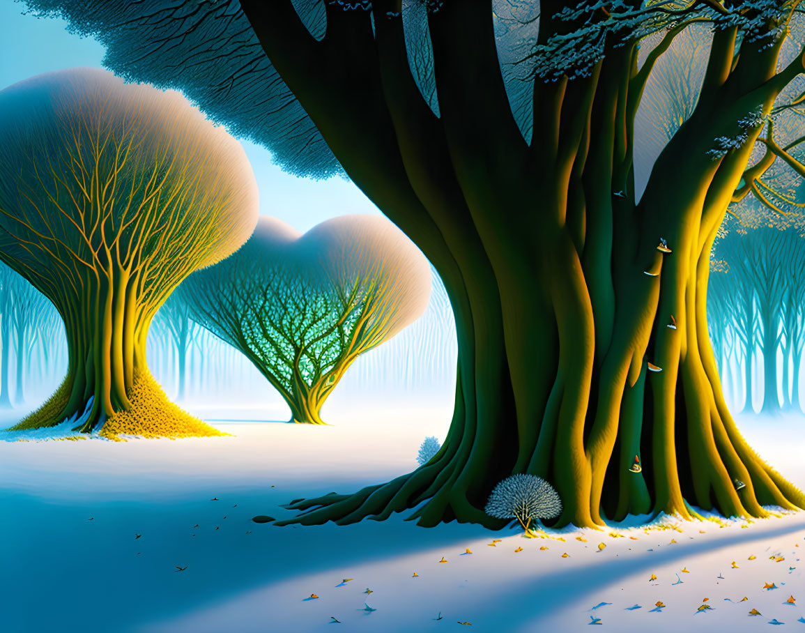 Snow-covered oversized trees in a stylized forest scene with pronounced shadows