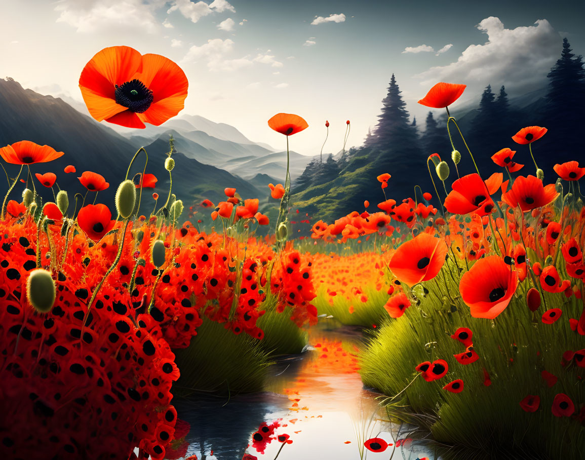 Lush Green Hills with Red Poppies by Serene Stream