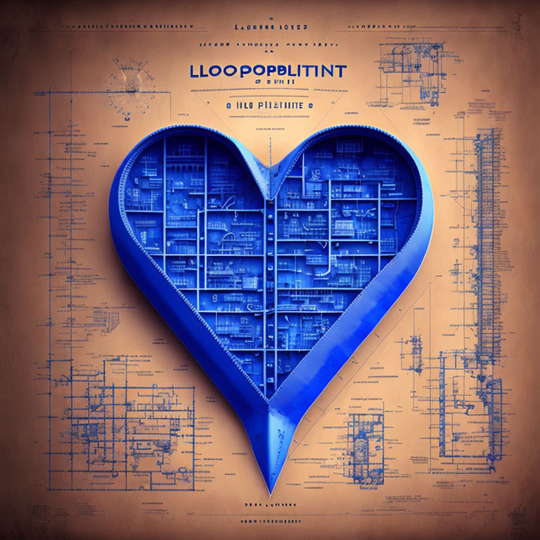 Detailed Heart-Shaped Blueprint on Aged Paper Background