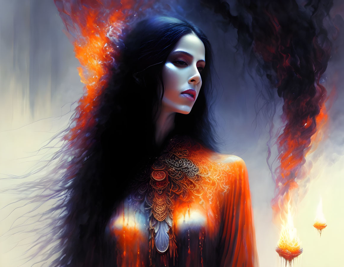 Pale-skinned woman in orange dress surrounded by smoke and flame