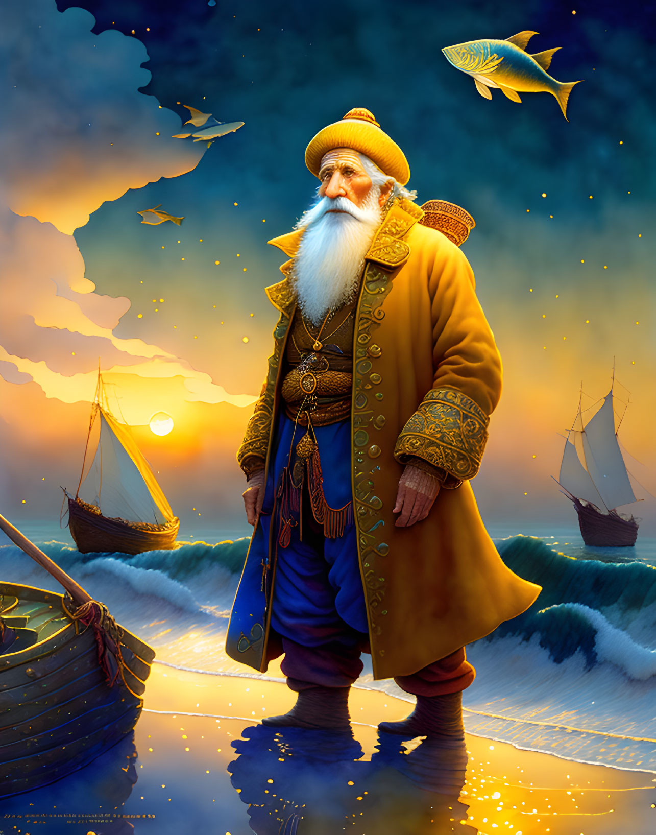 Elderly bearded man in decorated coat by the sea at sunset with flying fish and ships