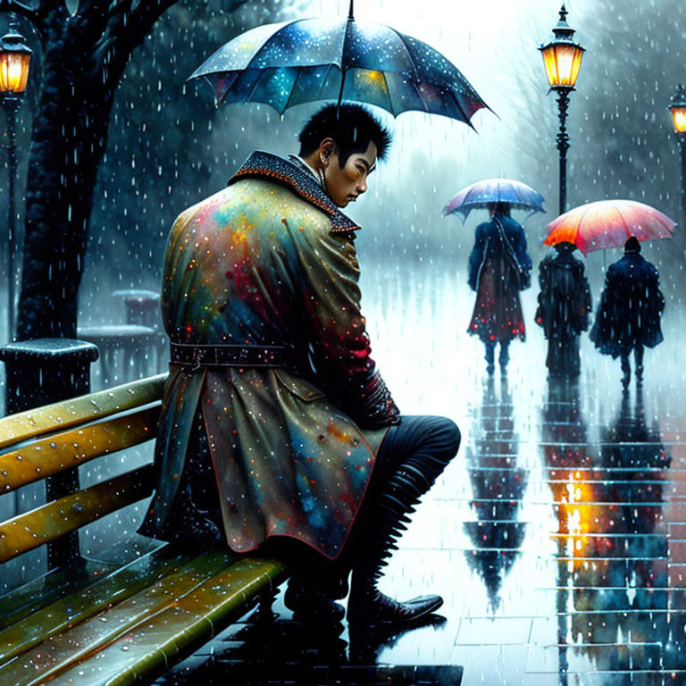 Lonely figure under umbrella on bench in rainy night with colorful lights reflecting.