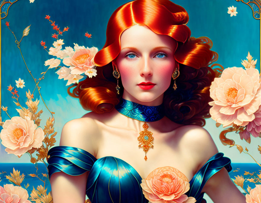 Digital artwork: Woman with red wavy hair in blue satin dress, blue sky & peach flowers