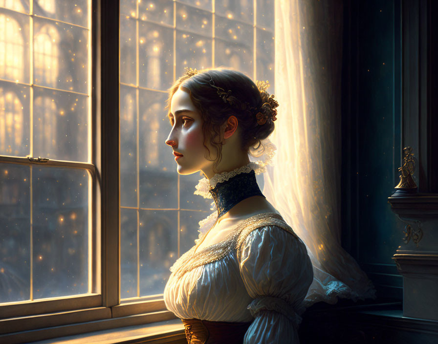 Historical woman looking out window in sunlight with floating dust particles