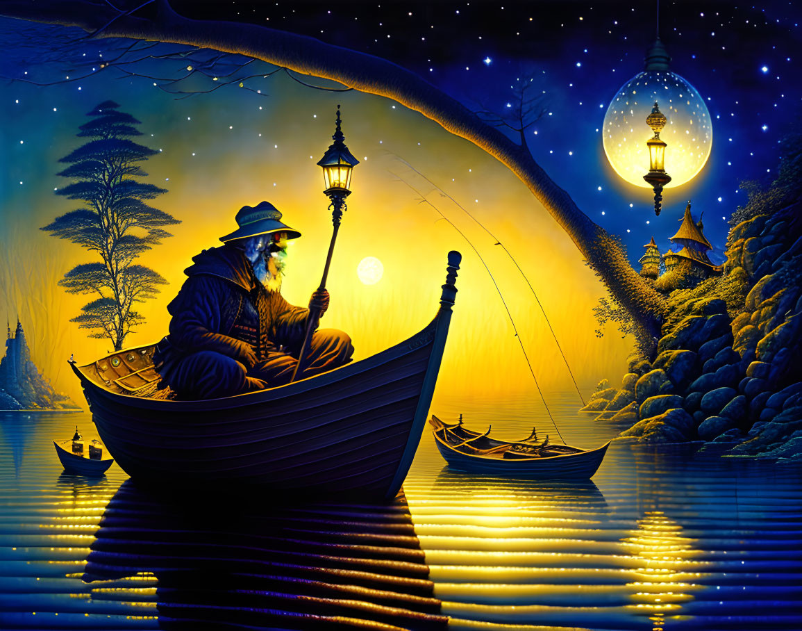 Nighttime rowboat scene with robed figure, lantern, glowing orbs, and Asian architecture.