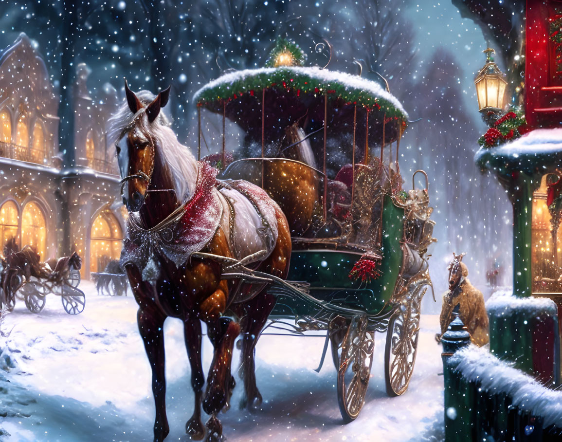 Festive horse-drawn carriage in snowy streetscape