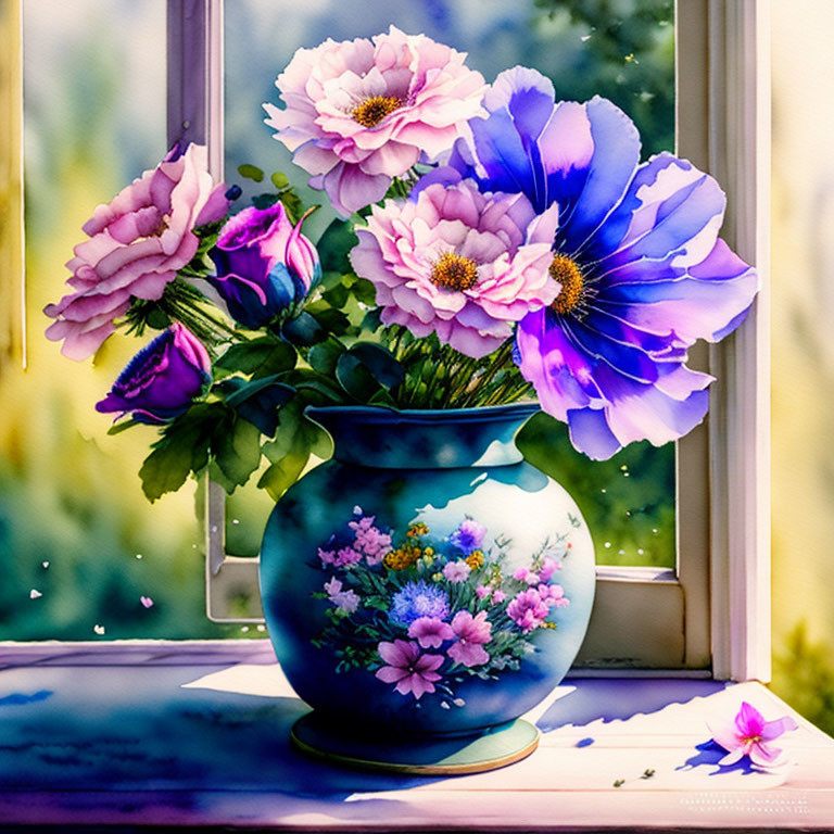 Colorful Purple and Pink Flowers in Blue Vase on Windowsill with Sunny View