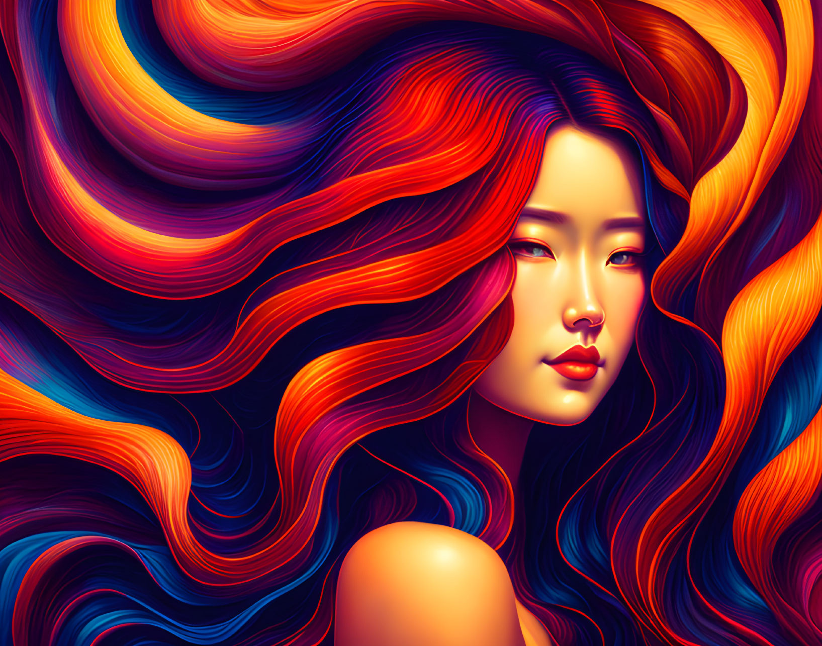 Colorful digital portrait of a woman with flowing fiery hair