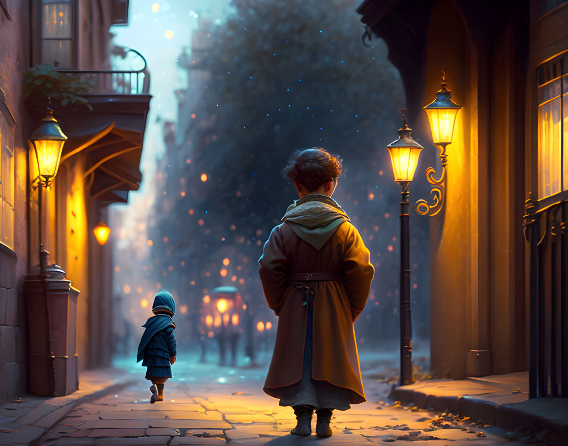 Child in coat gazes down snow-covered street at night