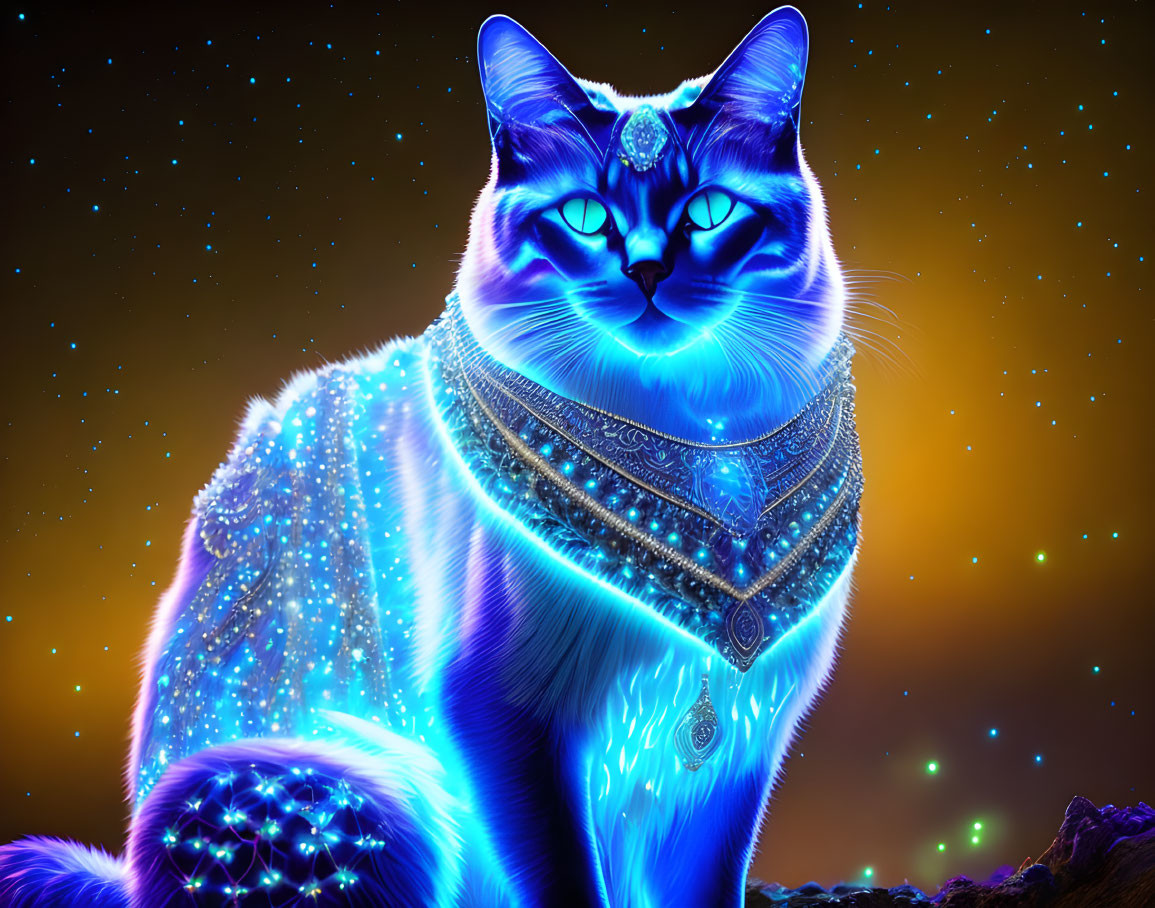 Intricate neon blue cat with jewelry on starry night sky background