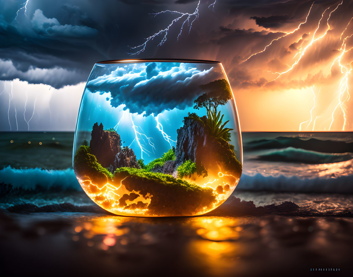 Miniature seascape in vibrant fishbowl with lightning, waves, rocky outcrops.