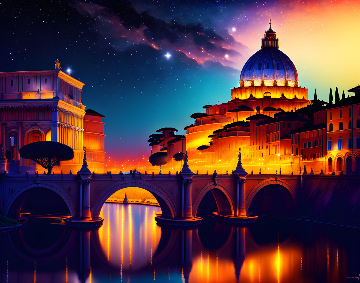 Cityscape at Night: Vibrant Dome, Starry Sky, Arched Bridge Reflection