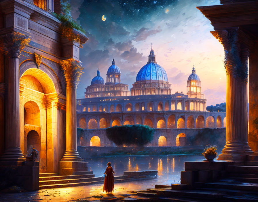 Person in Red Cloak Gazes at Illuminated Palace by River at Night