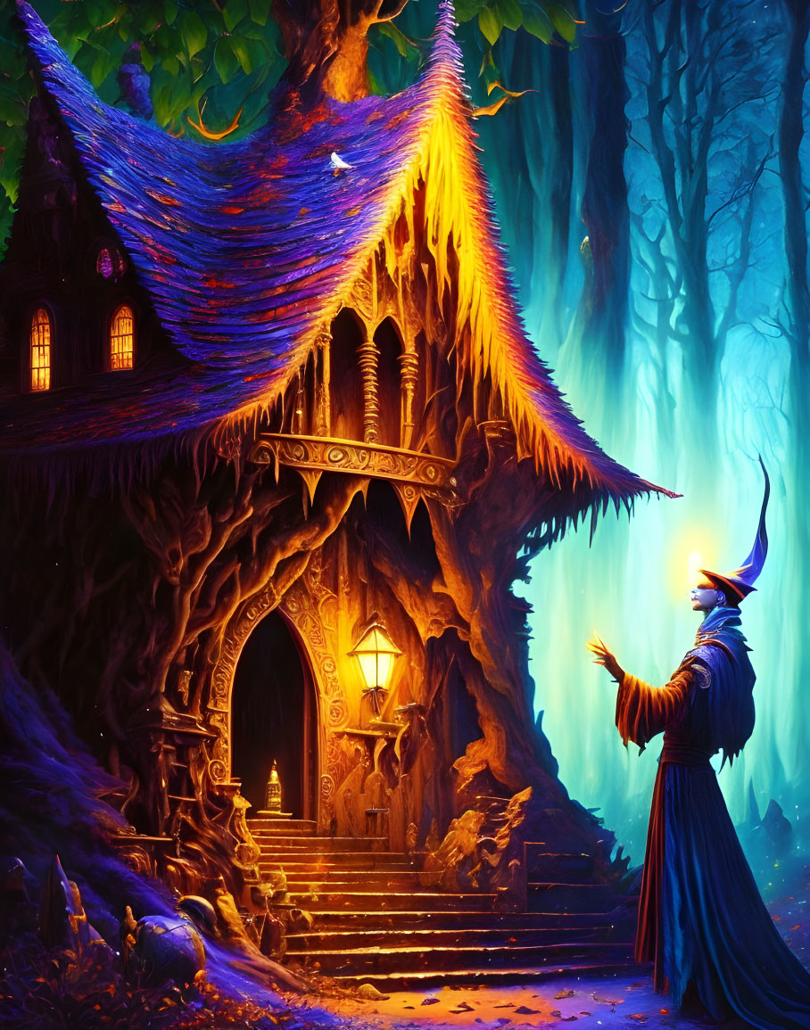 Wizard with Glowing Orb by Enchanted Treehouse in Mystical Blue Forest