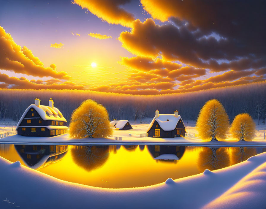 Snow-covered houses and golden-lit trees in serene winter sunset scene