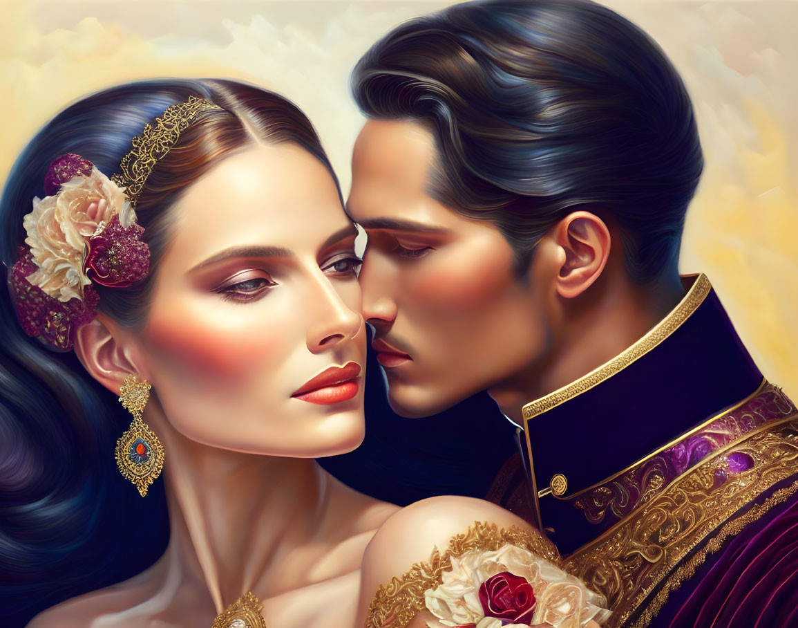 Regal couple in embrace with tiara and purple uniform.