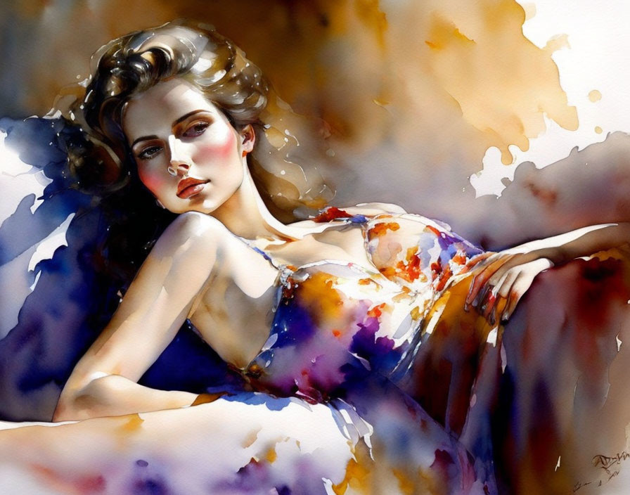 Reclining woman in colorful dress with flowing hair in watercolor art