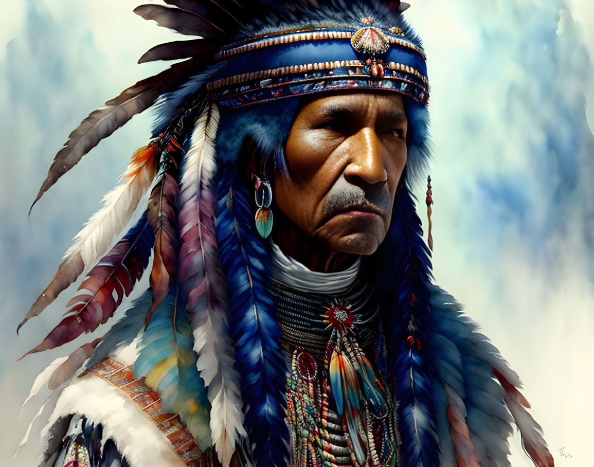 Detailed portrait of stern-faced person in Native American headdress