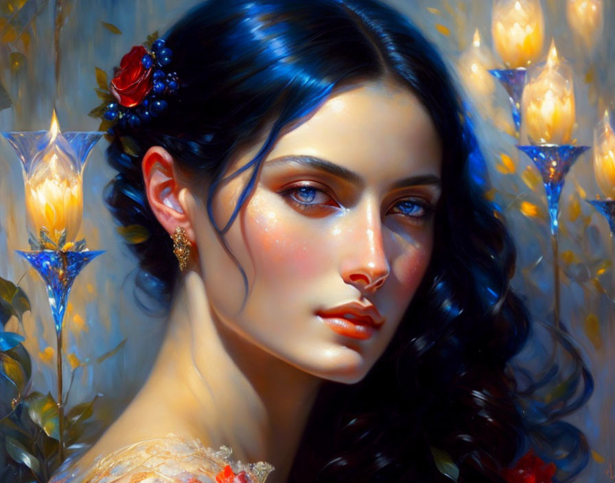 Portrait of Woman with Dark Hair and Blue Eyes Surrounded by Luminous Flowers