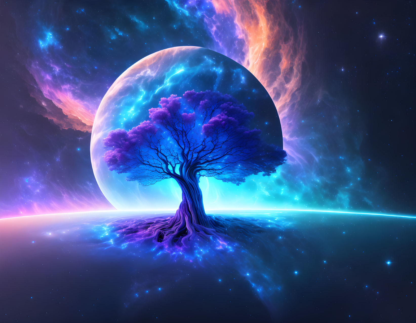 Colorful digital artwork of a solitary tree against cosmic backdrop