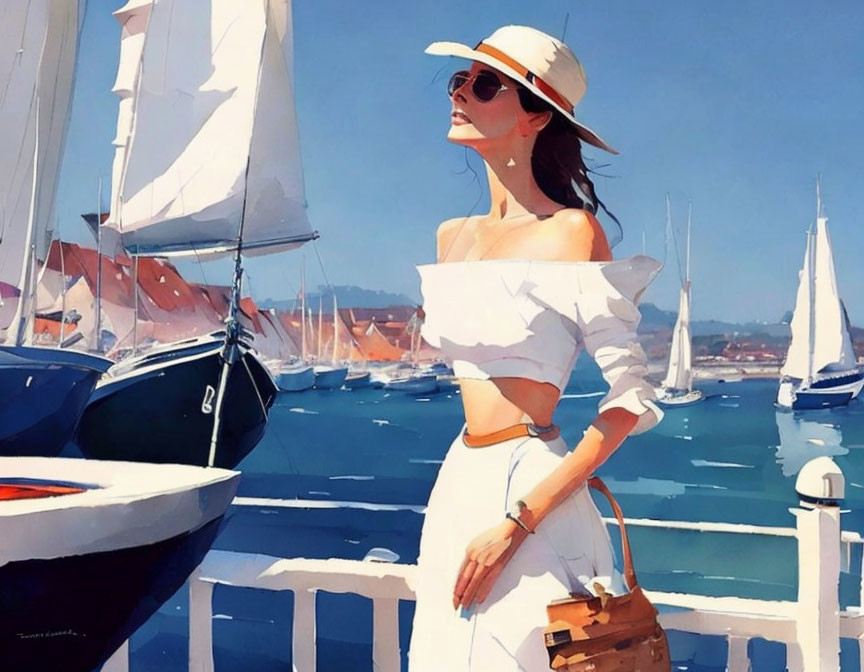 Fashionable woman in white outfit and sunhat at harbor with sailboats on sunny day