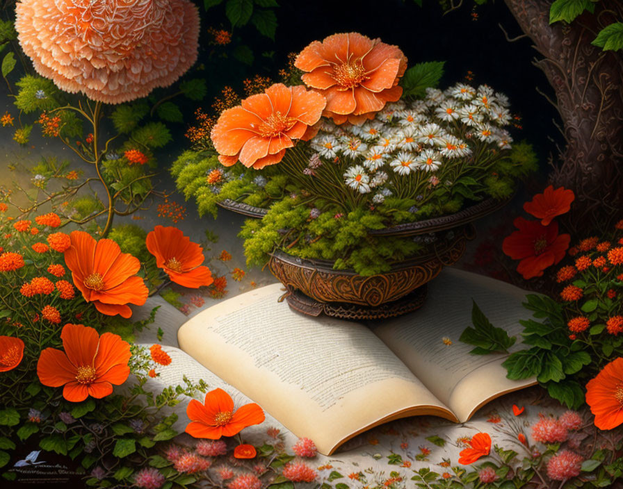 Vivid still-life with open book, ornate planter, flowers, and foliage