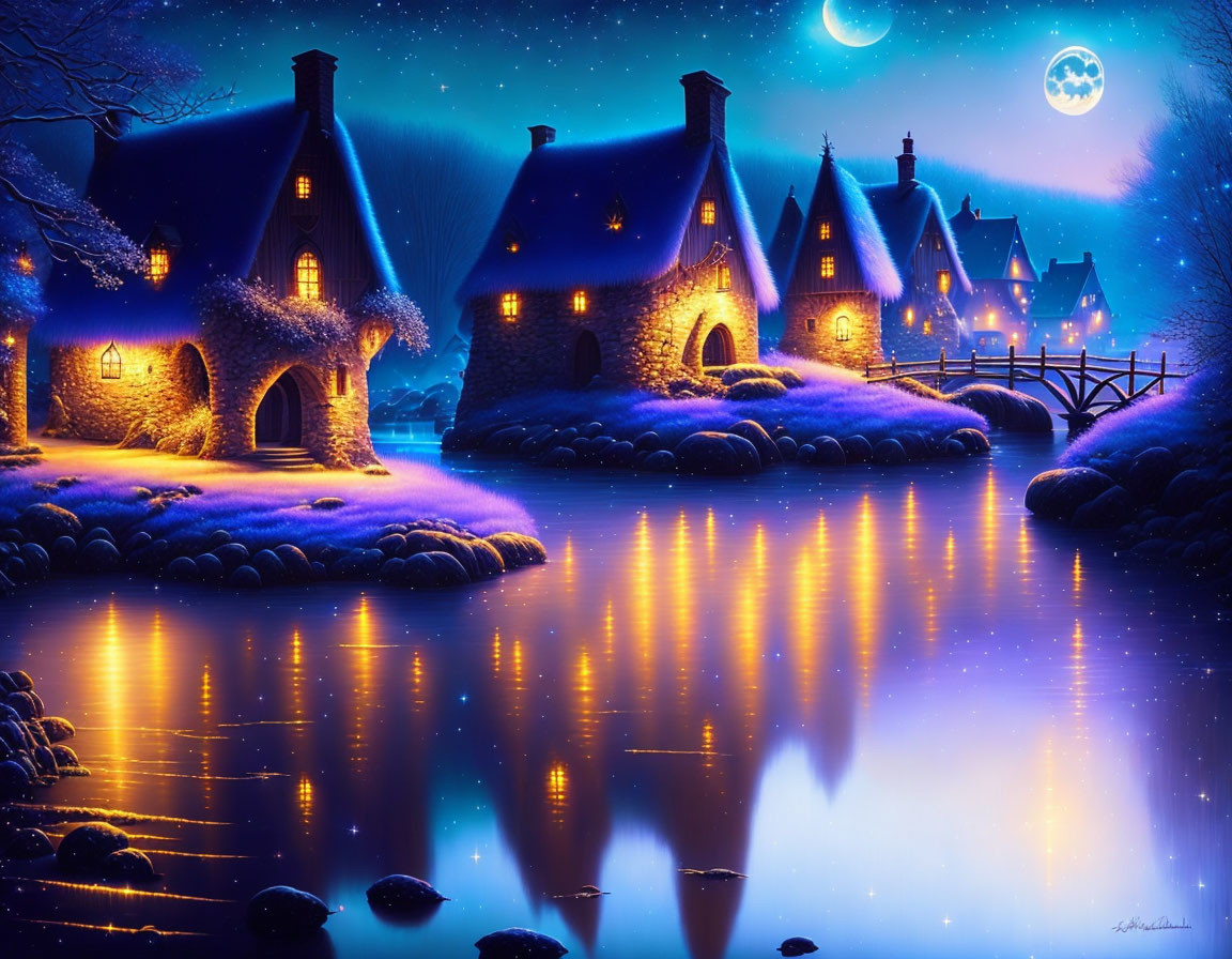 Tranquil night landscape: thatched cottages, river, bridge, starry sky, full