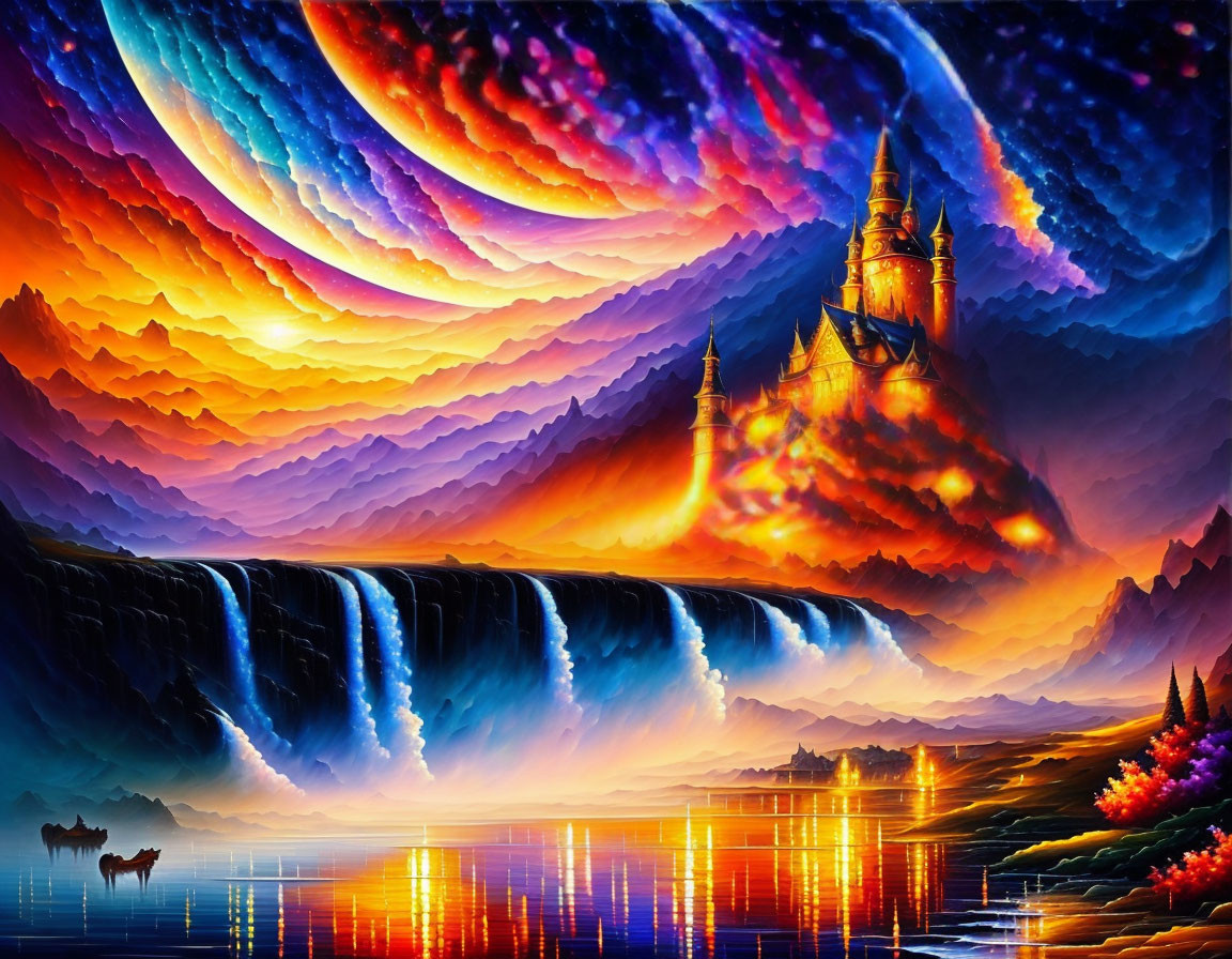 Colorful fantasy landscape with castle, waterfall, reflective lake, and horse silhouette