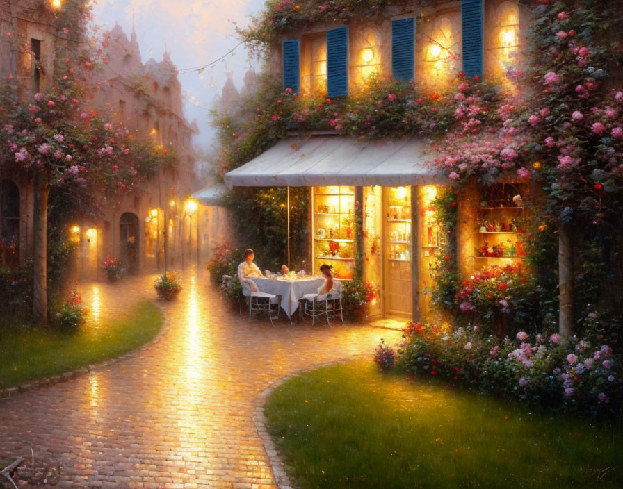 Romantic outdoor dining scene at quaint, rose-covered restaurant