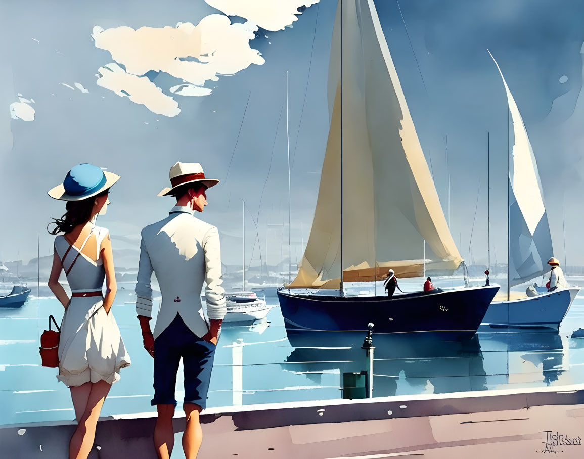 Chic couple on dock admiring sailboats under clear sky