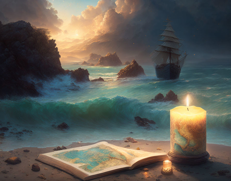 Candle, Book, Map, Ship, Stormy Seas, Sunset Scene