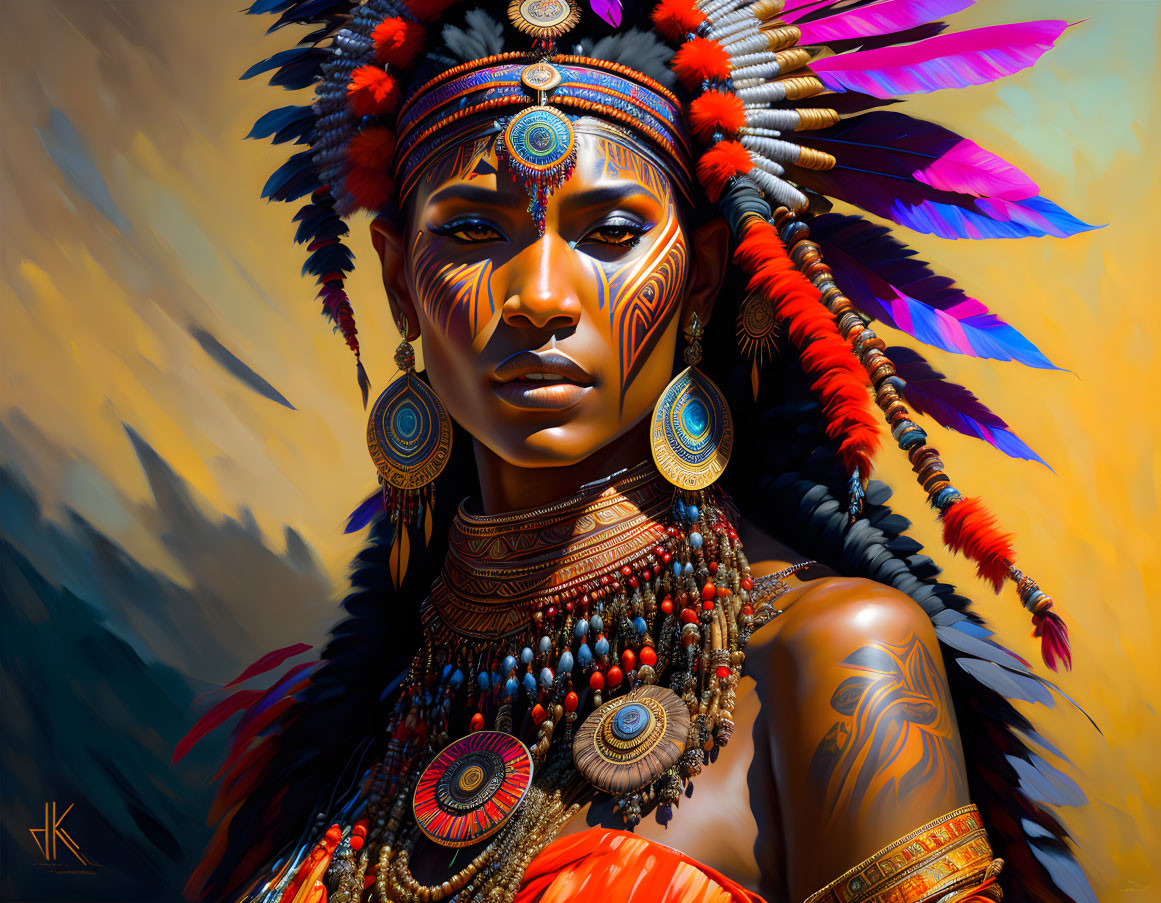 Vibrant Native American-inspired headdress portrait with feathers and face paint