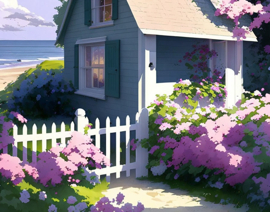 Seaside Cottage with White Picket Fence and Purple Flowers