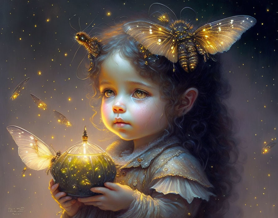 Curly-haired girl with glowing butterflies and jar of light