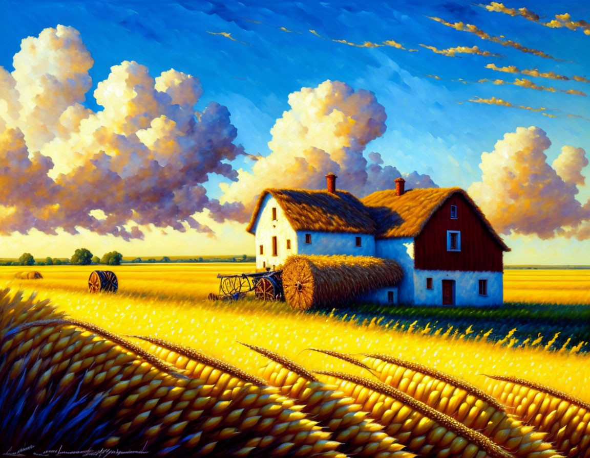 Rural landscape painting with farmhouse, barn, wheat field, and blue sky