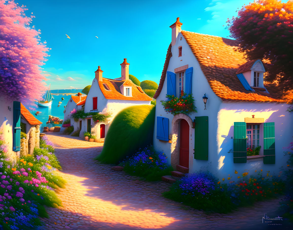 Colorful Cottages and Sunlit Sea View in Quaint Village Street