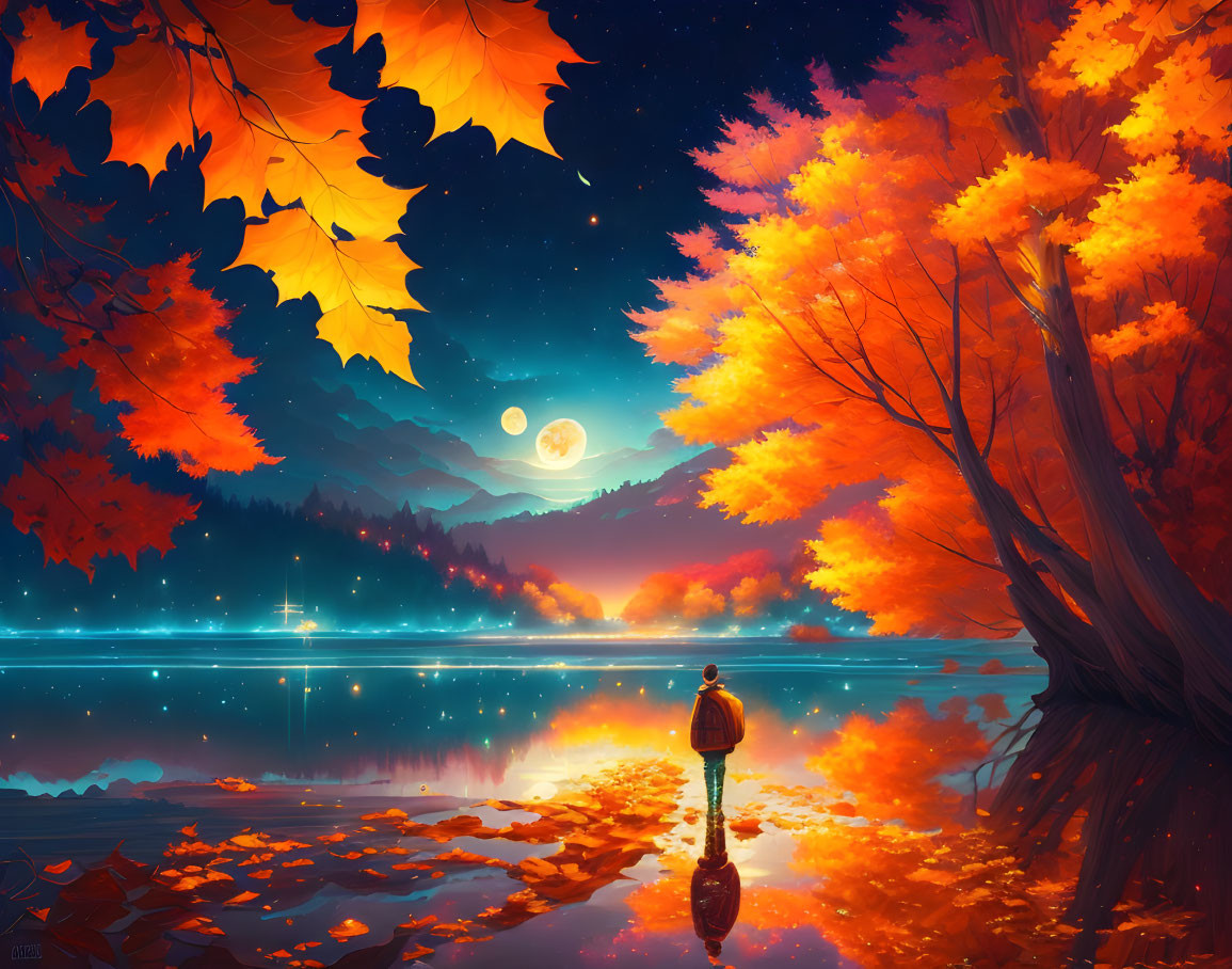 Person by calm lake with autumn trees under full moon and stars