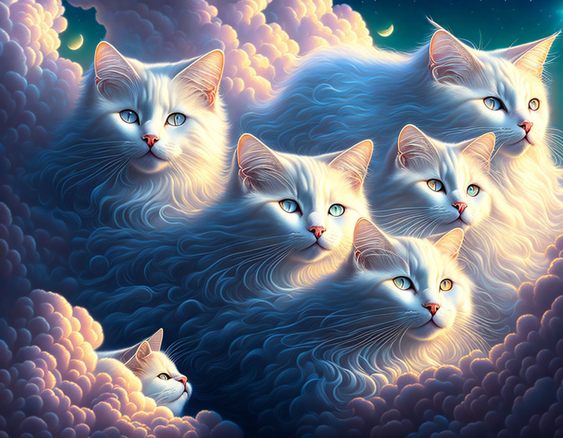 Multiple ethereal white cats on swirling clouds under a starry sky.