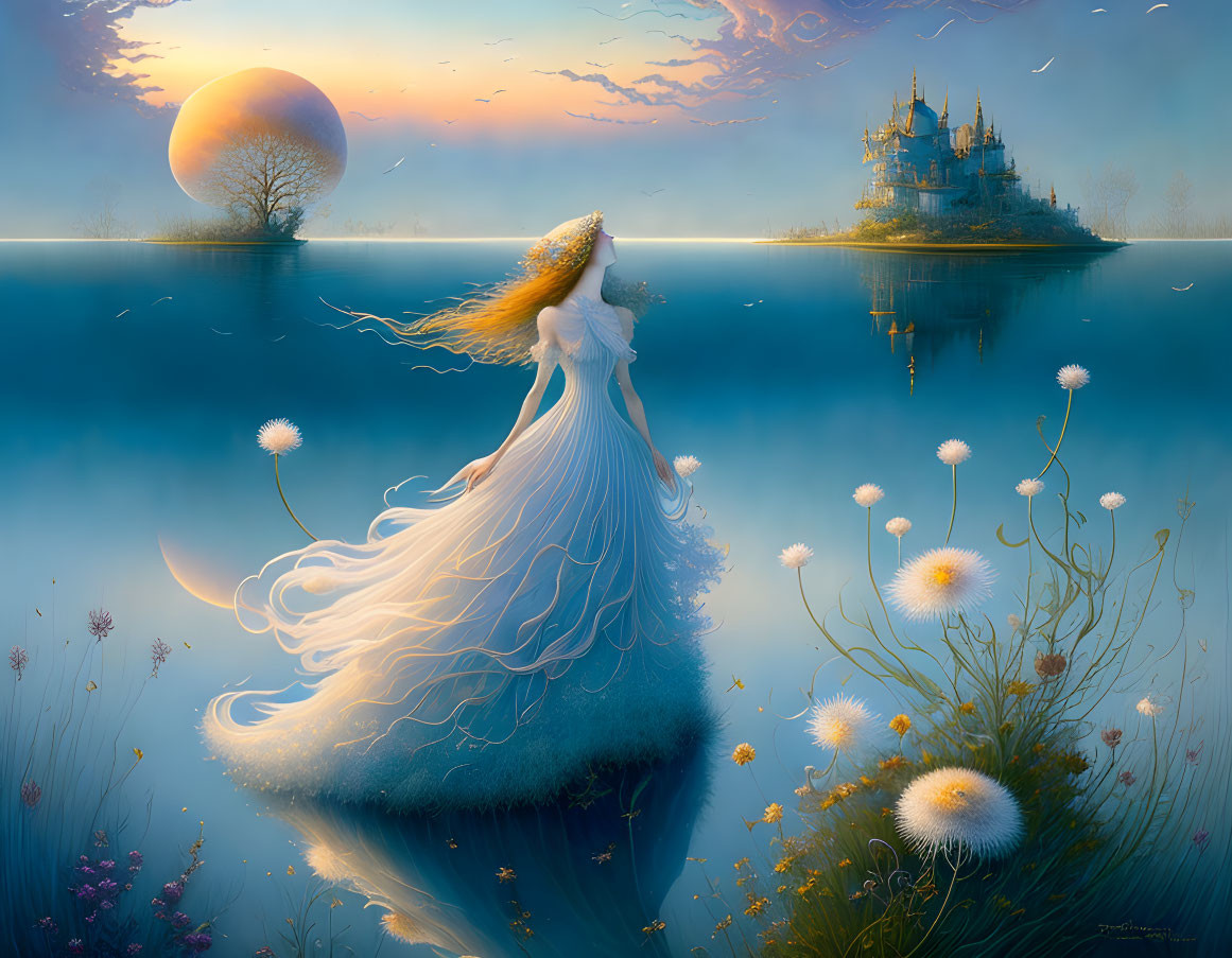 Woman in white dress by serene lake with dandelions, gazing at castle under twilight sky