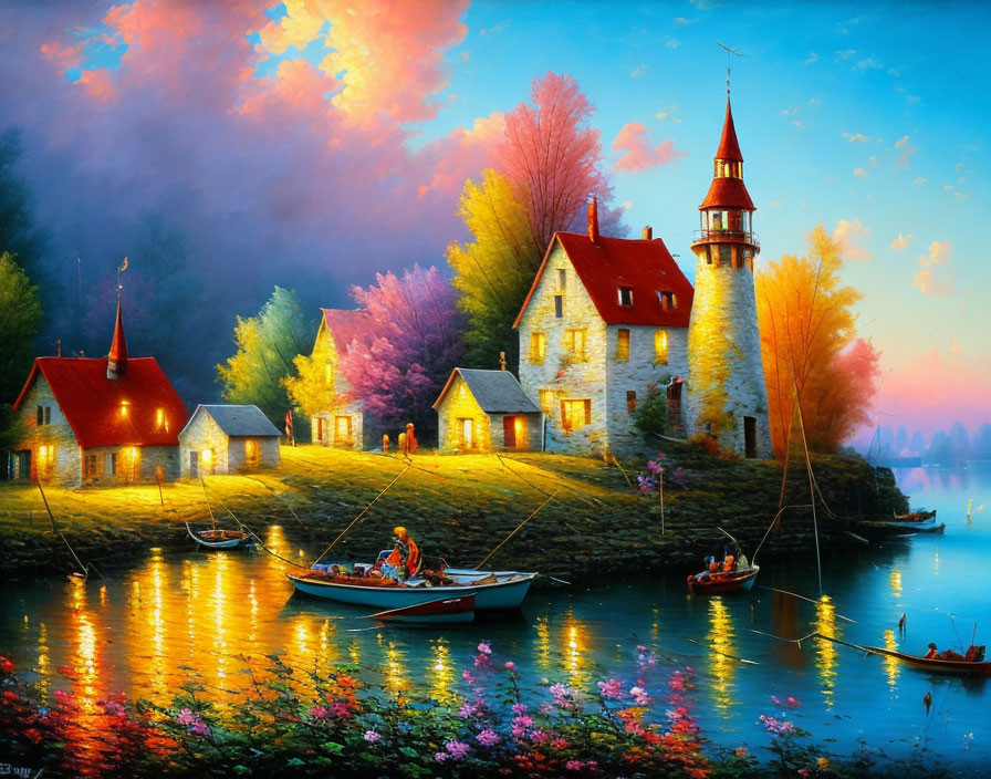 Colorful Painting of Serene Riverside Village with Illuminated Cottages