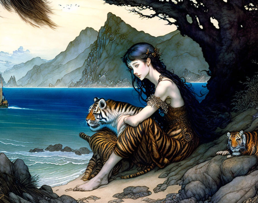 Woman with blue hair petting tiger in coastal scene with ships and cubs.