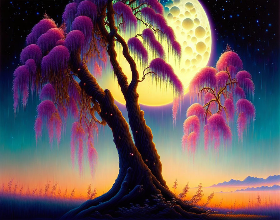 Fantastical landscape with purple tree, moon, stars, and mountains