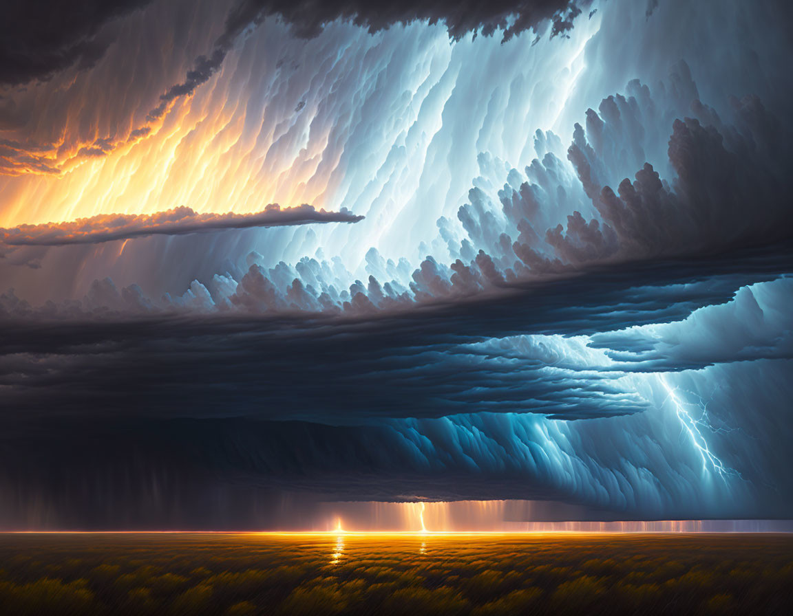 Thunderstorm clouds with lightning and sunlight reflecting on water