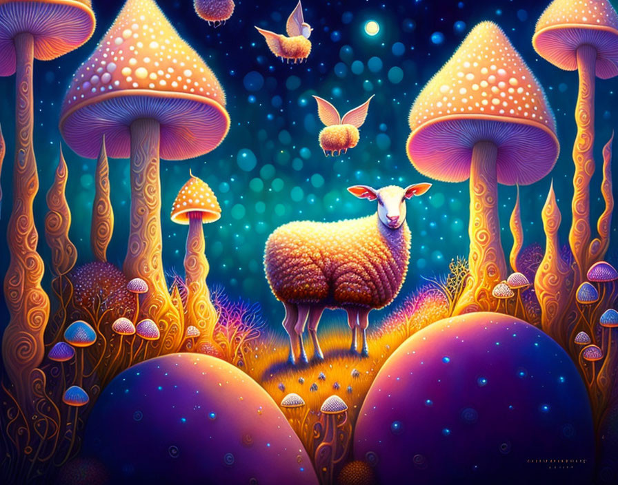 Colorful Illustration of Glowing Mushrooms and Fluffy Sheep in a Fantastical Forest