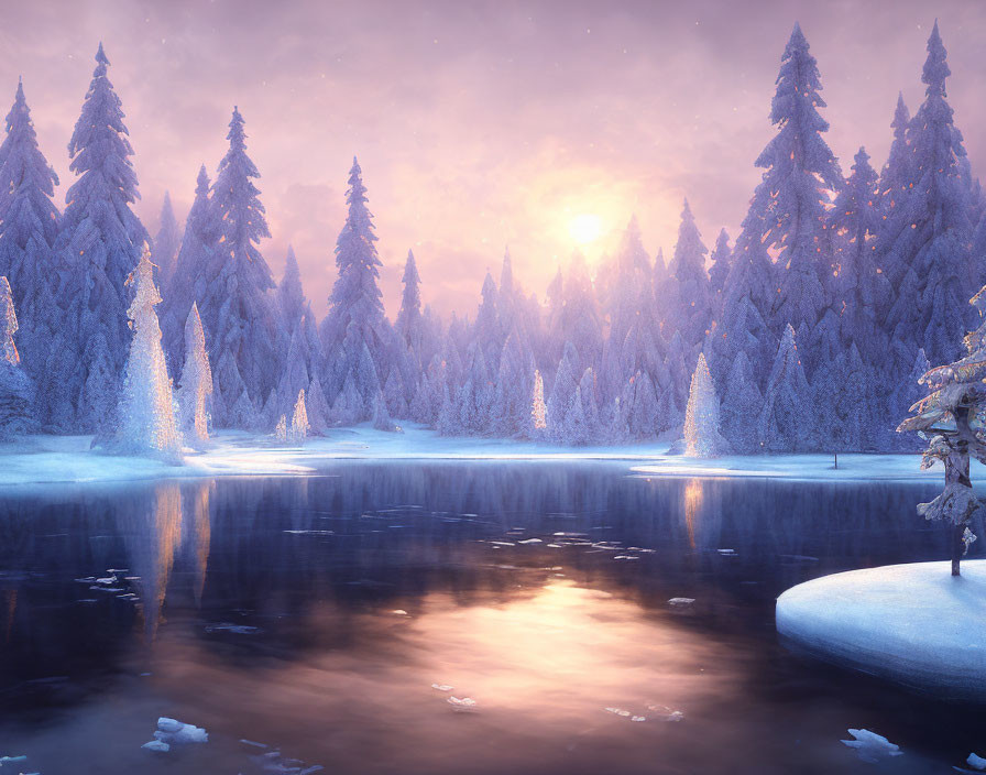 Snow-covered pine trees by serene lake at sunrise in pink-tinted sky