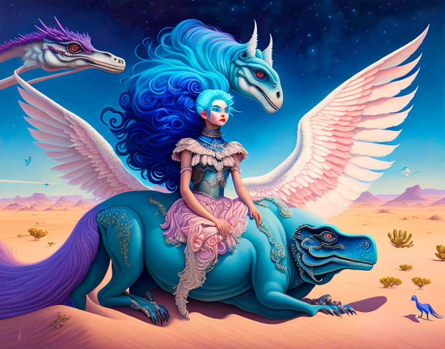 Woman with Blue Hair Riding Winged Creature Surrounded by Dragons in Desert