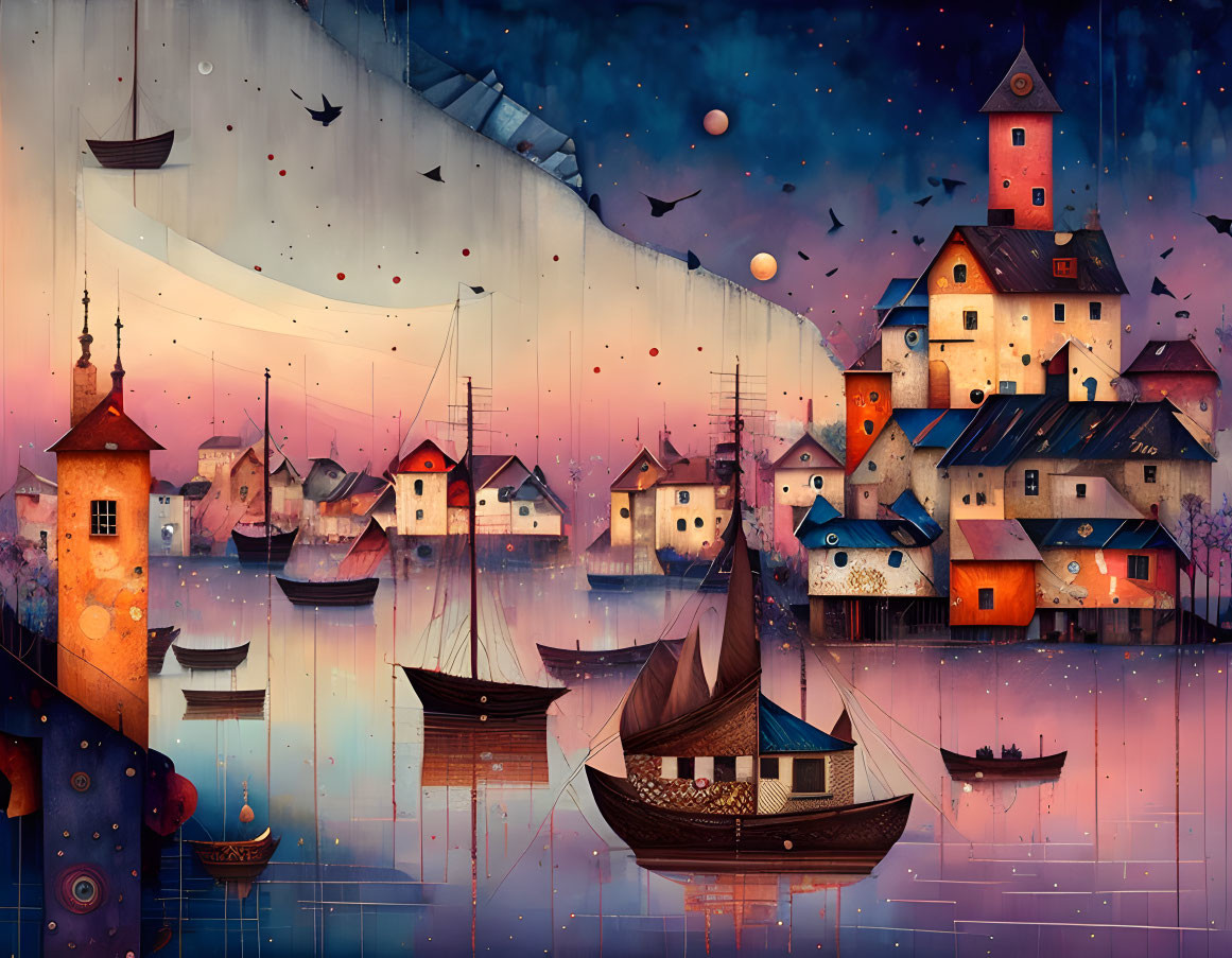 Colorful seaside village illustration with boats and birds at sunset